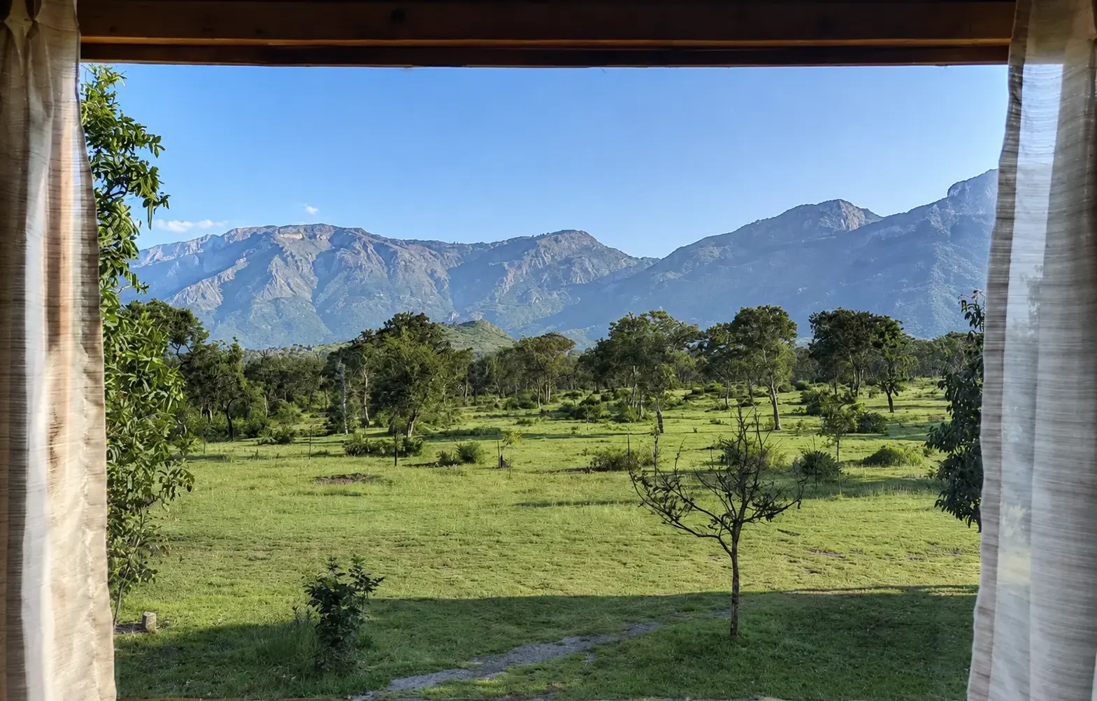 Open grassland and the Nilgiri range seen from a room at Labdhi Resorts