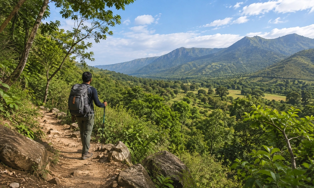 Wooded hills falling away from a ridge near Masinagudi