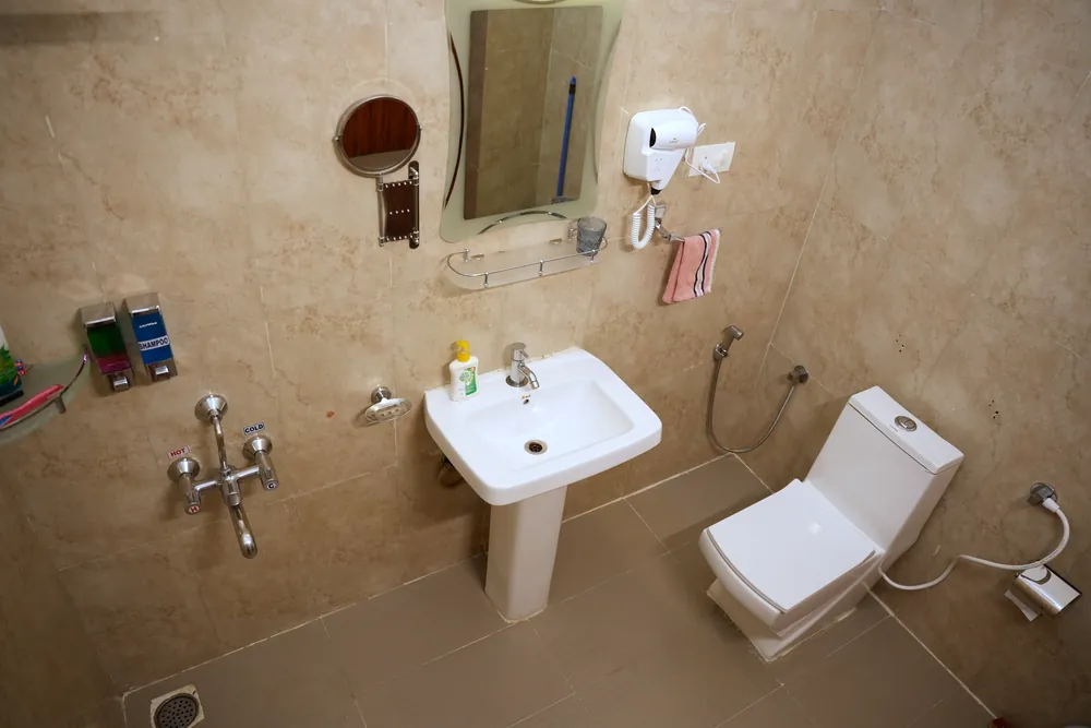 Ensuite bathroom of a Deluxe Room at Labdhi Resorts, with washbasin, mirror, hair dryer and toilet